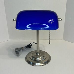 Bankers Desk Lamp Cobalt Blue Glass Shade Silver Pedestal Office With‎ Box